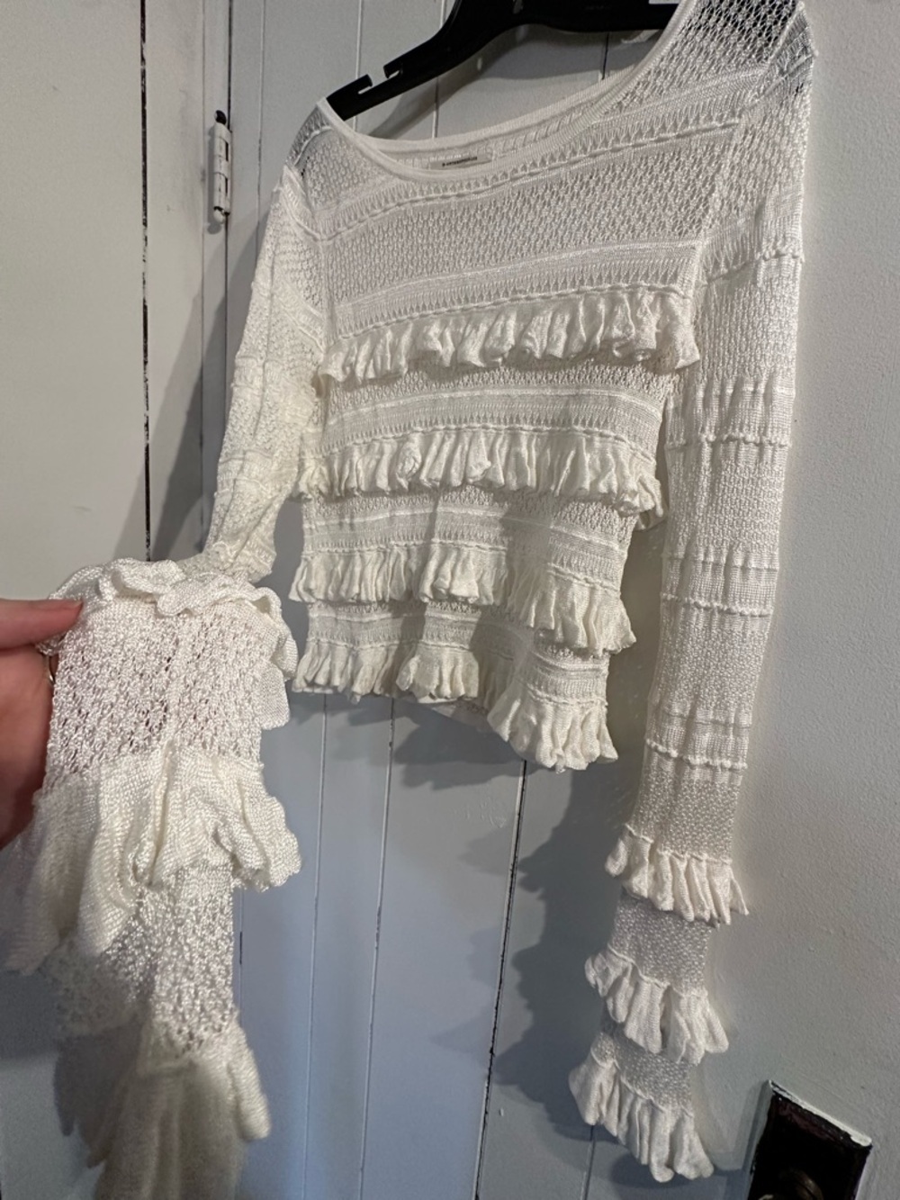 Anthropologie Women’s White Ruffle Knit Long-Sleeve thin Sweater Top - Picture 2 of 4